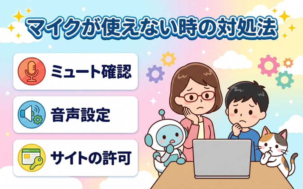Chromebookのマイクが使えない時の対処法（ミュート確認・音声設定・サイトの許可）を紹介するイラスト
