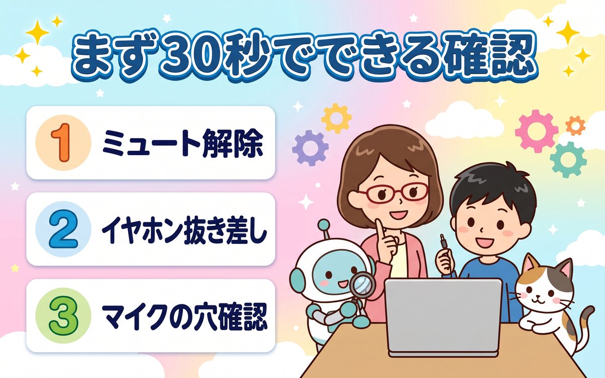 まず30秒でできる確認(ミュート解除・イヤホンの抜き差し・マイクの穴の確認)を紹介するイラスト