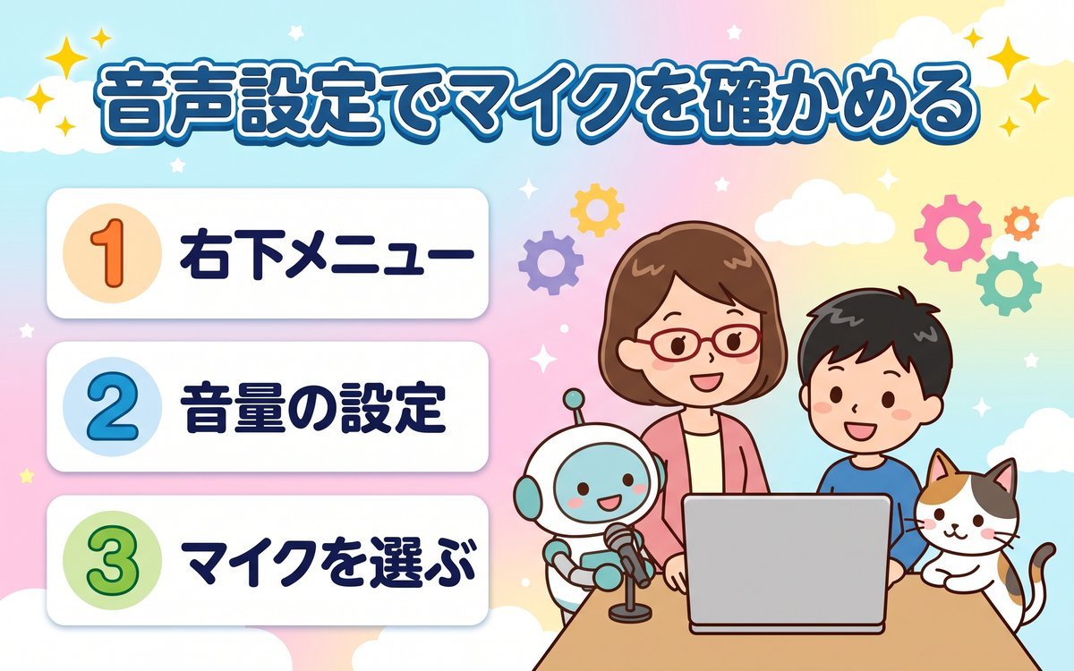 音声設定でマイクを確かめる手順(右下メニュー・音量の設定・マイクを選ぶ)を紹介するイラスト