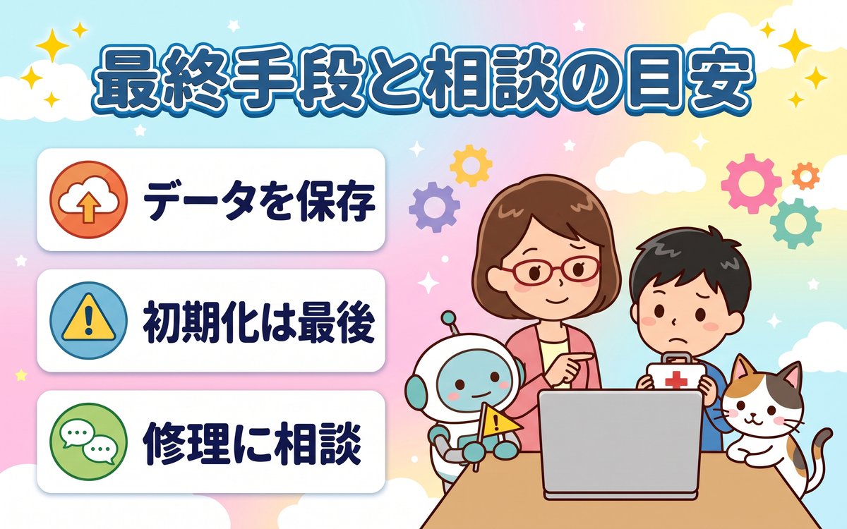 最終手段と相談の目安(データを保存・初期化は最後・修理に相談)を紹介するイラスト