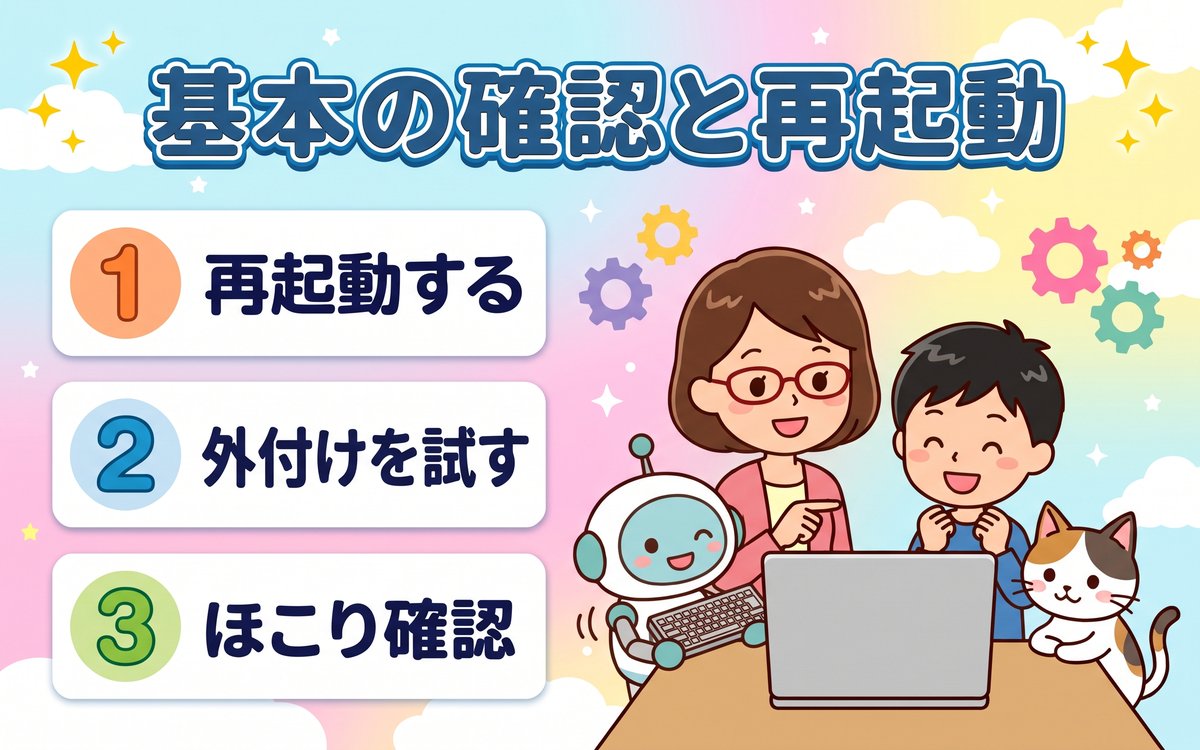 基本の確認と再起動（再起動する・外付けキーボードを試す・ほこりの確認）を紹介するイラスト