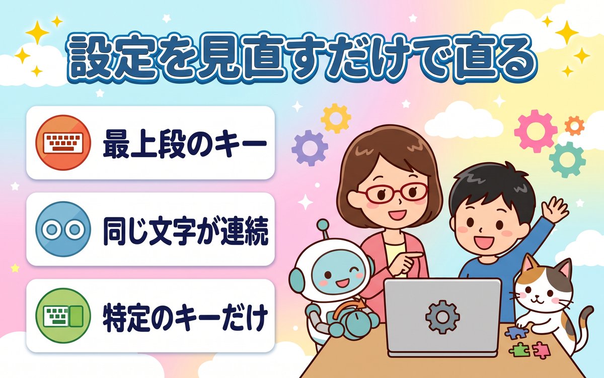 設定を見直すだけで直るキーボードの症状（最上段のキー・同じ文字が連続・特定のキーだけ）を紹介するイラスト