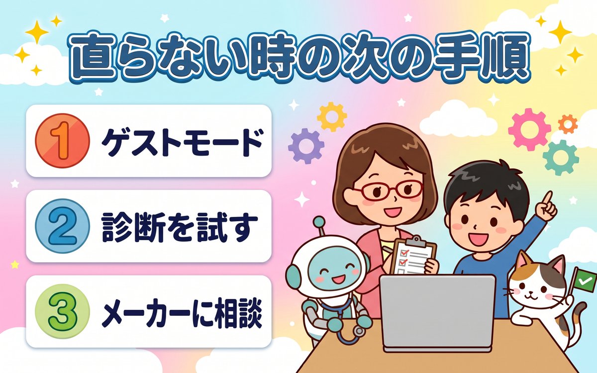 直らない時の次の手順（ゲストモード・診断を試す・メーカーに相談）を紹介するイラスト