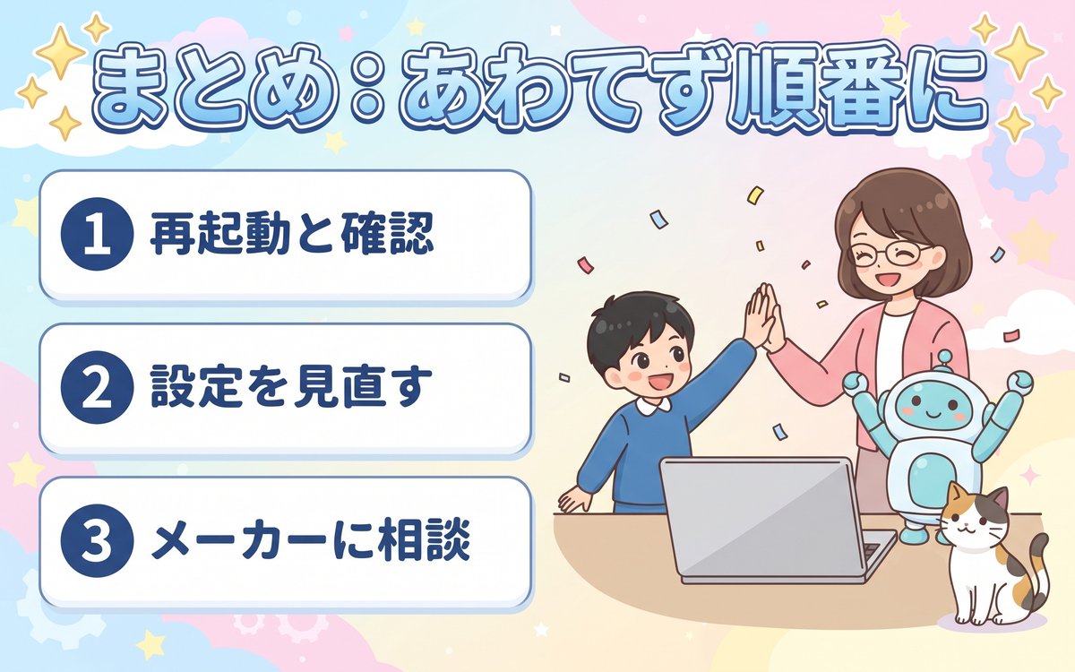 キーボードが反応しない時のまとめ（再起動と確認・設定を見直す・メーカーに相談）を紹介するイラスト